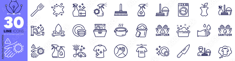 Fototapeta premium Organic waste, Dont touch and Bucket with mop line icons pack. Cleanser spray, Sponge, Coronavirus spray web icon. T-shirt, Cleaning liquids, Dishes pictogram. Water splash, Dry t-shirt. Vector