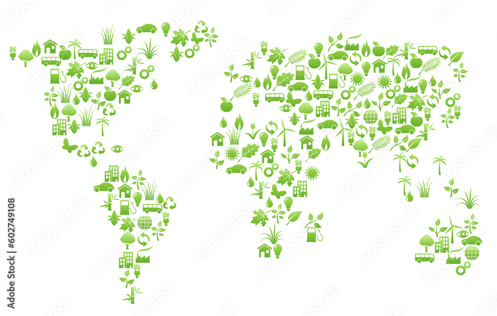 Vector illustration of world map shape made with many environmental icons