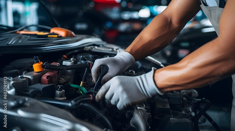 Mechanic using wrench while working on car engine at garage workshop, Car auto services and maintenance check concept.