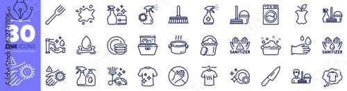 Organic waste, Dont touch and Bucket with mop line icons pack. Cleanser spray, Sponge, Coronavirus spray web icon. T-shirt, Cleaning liquids, Dishes pictogram. Water splash, Dry t-shirt. Vector