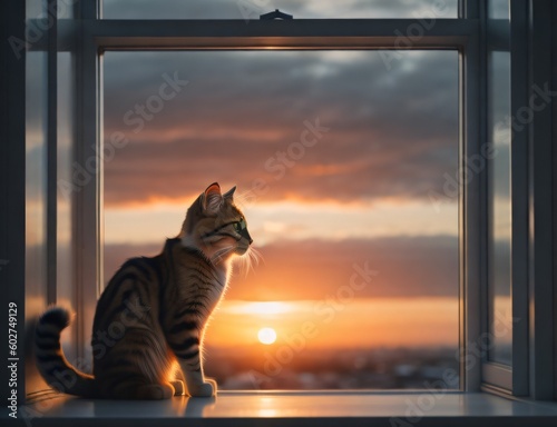 a cute cat sitting on a windowsill, looking out at a beautiful sunset or view ai generates