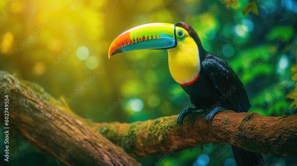 Fototapeta premium Keel-billed Toucan in vibrant colors. Sunny Nature photo - generative ai 
