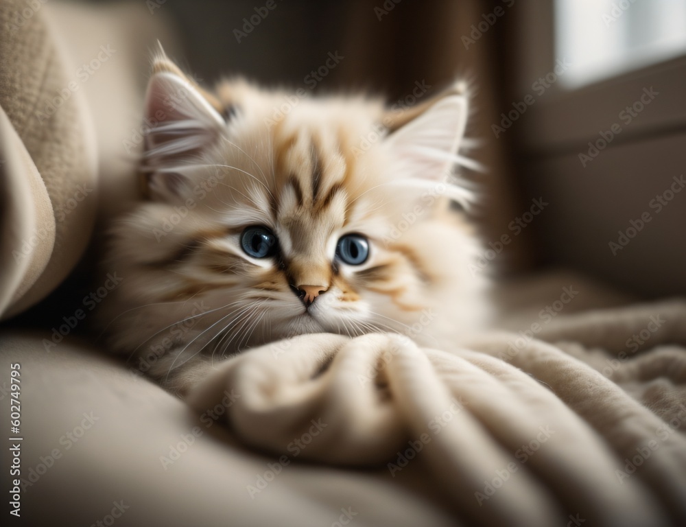 a fluffy kitten curled up in a cozy bed, fast asleep ai generated

