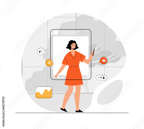 Social network. Popular blogger creates interesting content, gets emoji reactions, subscription, comments. Illustration with people scene in flat design for website and mobile development.