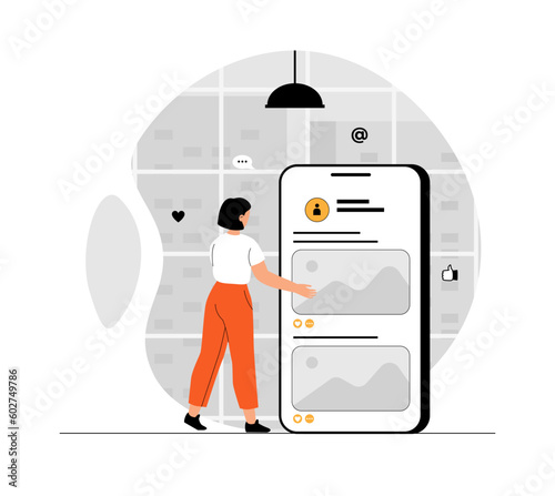 Social media. Woman communication in messengers, post interesting content in social networks. Reactions and comments. Illustration with people scene in flat design for website and mobile development.