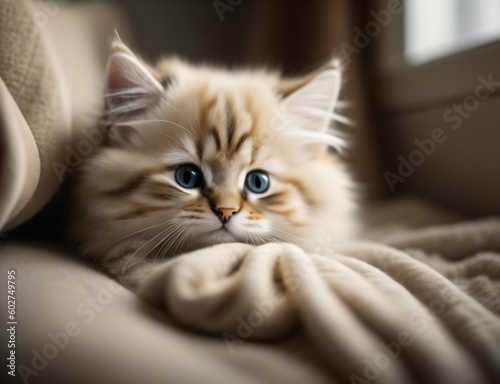 a fluffy kitten curled up in a cozy bed, fast asleep ai generated  © Ebad