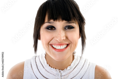 Stock image of confident woman smiling over white background