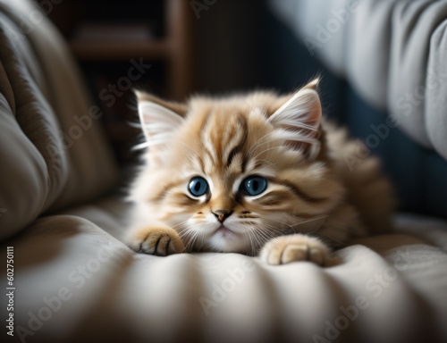 a fluffy kitten curled up in a cozy bed, fast asleep ai generated  © Ebad