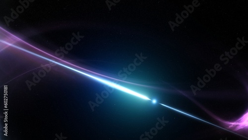 Concept of spinning pulsar in space nebula emitting high energy gamma ray bursts. 3D illustration track-in shot depicting blinking radiation flares of a magnetar or neutron star core in interstellar g