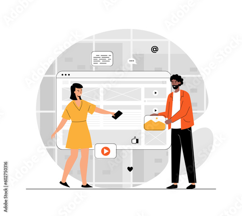 Team producing high quality content. Woman and man creating content for a website, blog and social media. Illustration with people scene in flat design for website and mobile development.