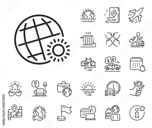 Sun with globe sign. Plane jet, travel map and baggage claim outline icons. World weather line icon. Hot season symbol. World weather line sign. Car rental, taxi transport icon. Place location. Vector photo