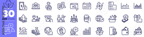 Armed robbery, Phone pay and Business growth line icons pack. Salary employees, Fraud, Growth chart web icon. Bribe, Atm service, Launder money pictogram. Wallet, Check investment, Line graph. Vector