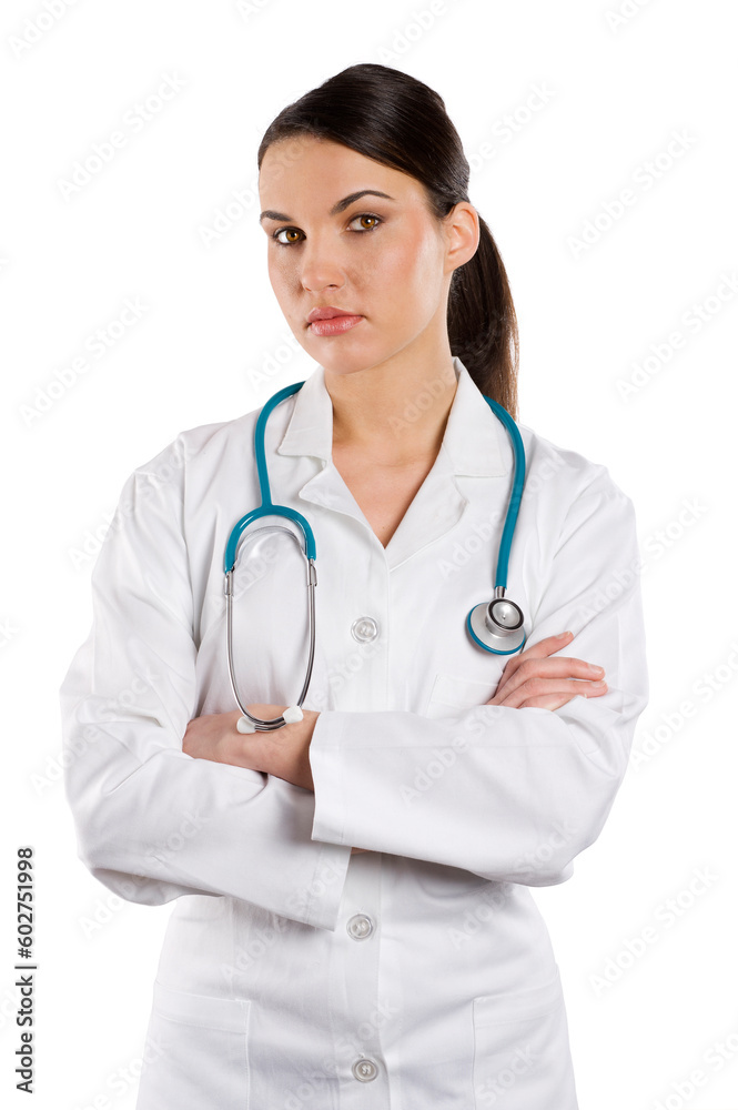 smiling medical doctor woman with stethoscope Isolated over white background