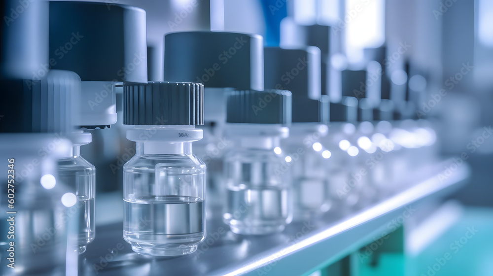 Medical vials on production line at pharmaceutical factory, Pharmaceutical machine working pharmaceutical glass bottles production line, Medical vials on production line at pharmaceutical factory, Pharmaceutical machine working pharmaceutical glass bottles production line,