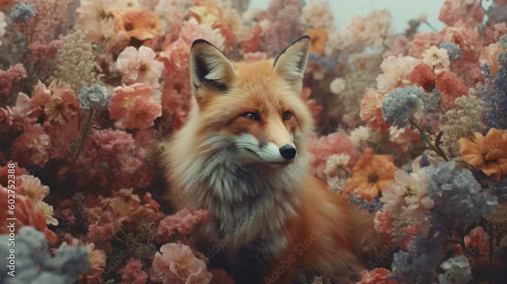 Fox Surrounded by Beautiful Flowers in a Muted Pastel Aesthetic with Surrealism Elements - Dreamy Background - Generative AI