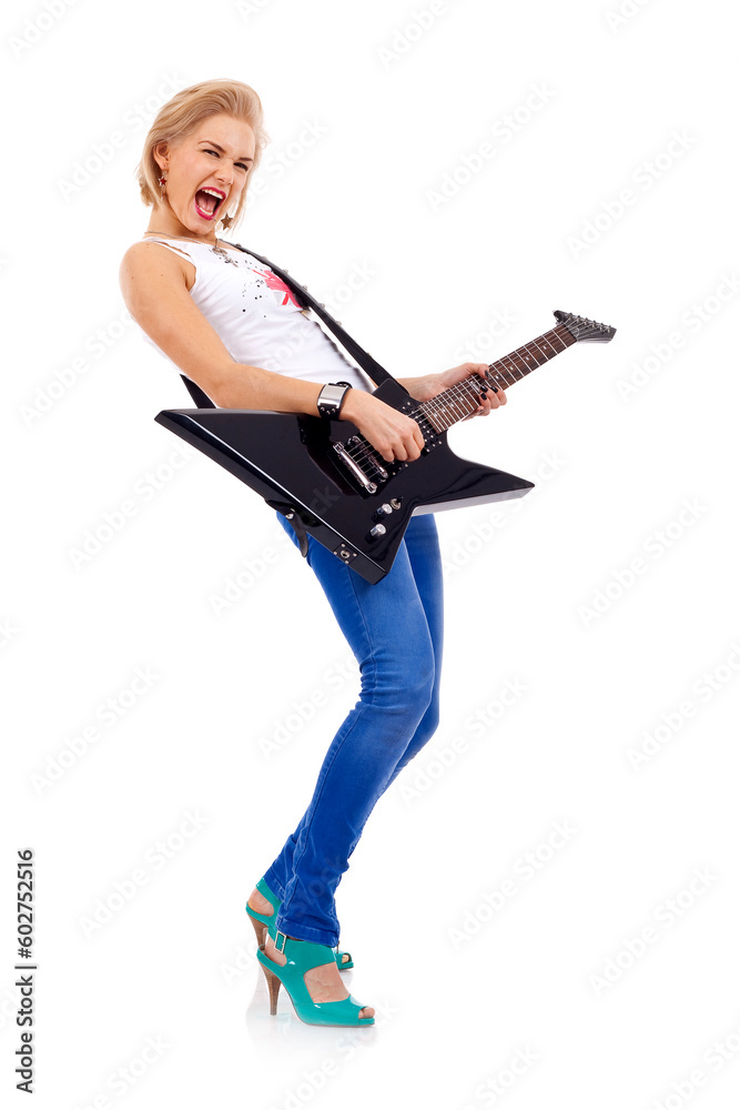 The beautiful blonde with a guitar over white