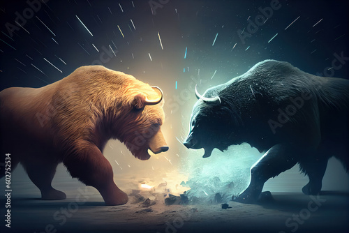 Bull and bear in intense face-off on stock market floor in New York, as investors watch with bated breath. AI Generative.