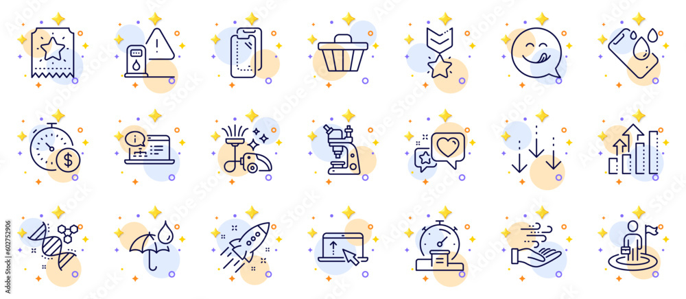 Outline set of Heart, Leadership and Shop cart line icons for web app. Include Chemistry dna, Petrol station, Winner medal pictogram icons. Wind energy, Loyalty ticket, Swipe up signs. Vector