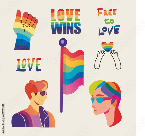 LGBTQ Pride Parade Set. Vector illustration of a gay pride parade. A group of people participating in the Pride parade. LGBT community
