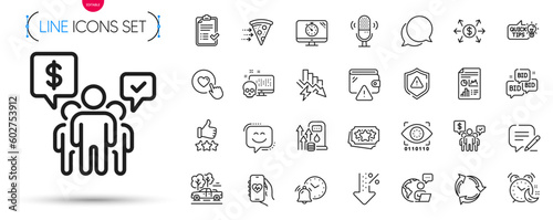 Pack of Seo timer, Alarm clock and Outsource work line icons. Include Education idea, Recycle, Attention pictogram icons. Food delivery, Report document, Approved checklist signs. Alarm. Vector