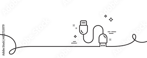Charging cable line icon. Continuous one line with curl. Mobile accessories sign. Data cord symbol. Charging cable single outline ribbon. Loop curve pattern. Vector