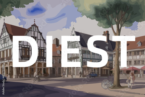 Diest: Beautiful painting of an Belgian village with the name Diest in Flanders photo