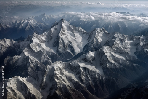 Mountain range in winter aerial view from drone. Created with Generative AI.