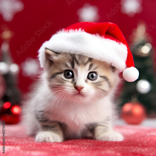 The happy kitten sits in Santa Claus hat, Merry Christmas and Happy New Year, closeup, generative AI. © Irina