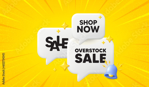 Overstock sale tag. 3d offer chat speech bubbles. Special offer price sign. Advertising discounts symbol. Overstock sale speech bubble 3d message. Talk box banner with bell. Vector