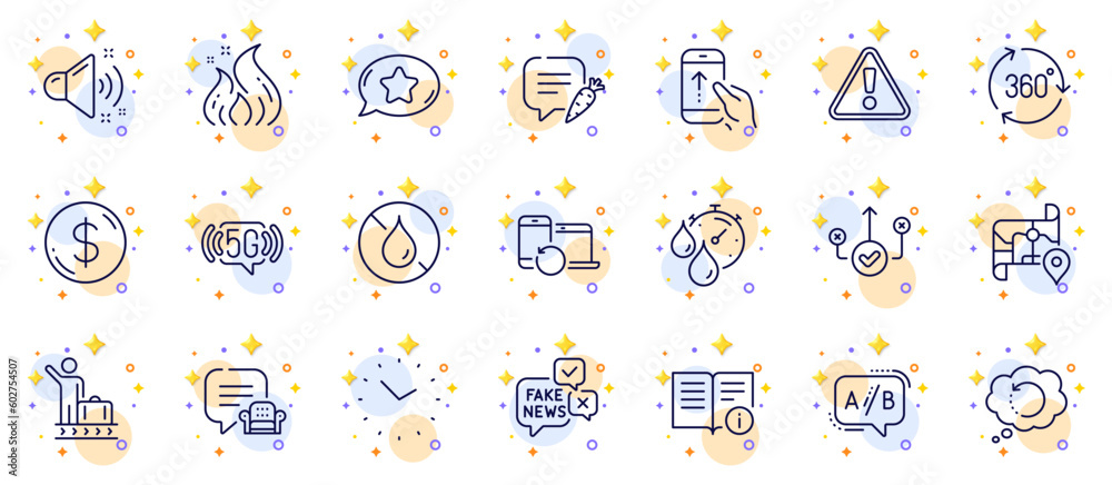 Outline set of Loud sound, Map and 360 degree line icons for web app. Include Dollar money, No waterproof, Recovery data pictogram icons. Favorite chat, Swipe up, Fire energy signs. Vector Outline set of Loud sound, Map and 360 degree line icons for web app. Include Dollar money, No waterproof, Recovery data pictogram icons. Favorite chat, Swipe up, Fire energy signs. Vector