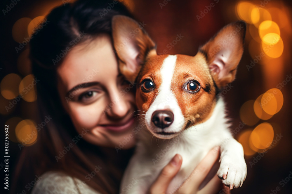 Portrait Jack Russell dog in arms young woman European appearance. Close-up. The concept love for pet. Generative Ai content Portrait Jack Russell dog in arms young woman European appearance. Close-up. The concept love for pet. Generative Ai content