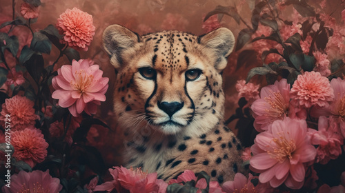 Cheetah Surrounded by Beautiful Flowers in a Muted Pastel Aesthetic with Surrealism Elements - Dreamy Background - Generative AI