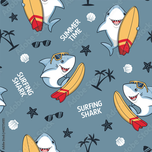 Seamless Pattern Summer Time With Surfer Shark, Cute Cartoon Illustration