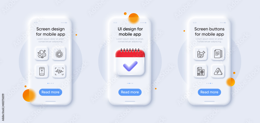 Gear, Lightning bolt and Vitamin k line icons pack. 3d phone mockups with calendar. Glass smartphone screen. Swipe up, Voice wave, Copy documents web icon. Qr code, Chemistry lab pictogram. Vector