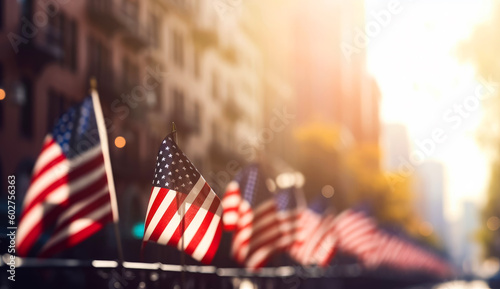 American flag on urban background. Patriotic national flag waving. generative ai. © Vadim