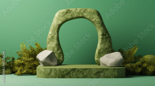 Green background podium product platform for nature beauty cosmetic stage scene. Abstract rock podium pedestal mockup with green leaf shadow. Photography showcase fresh banner. Generative AI