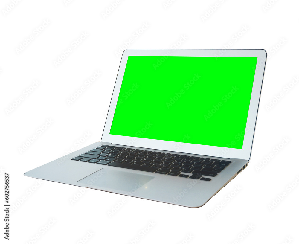 laptop with green screen on a transparent background (PNG). Stock Photo