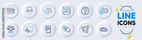 Face recognition, Qr code and Online voting line icons for web app. Pack of Lightning bolt, Fake news, Megaphone pictogram icons. Question mark, Search file, Video conference signs. Vector