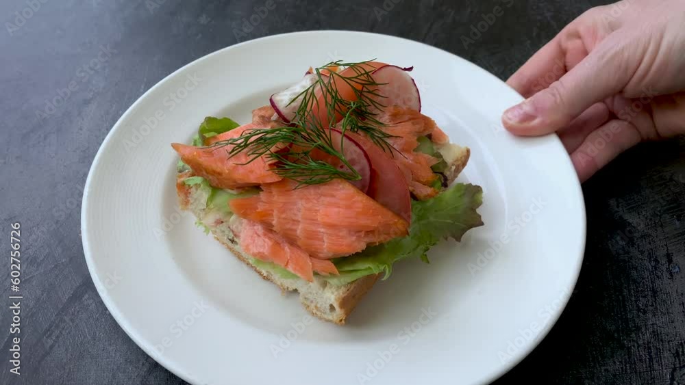 Serving a Plate of Healthy Bread with Smoked Salmon and Vegetables Serving a Plate of Healthy Bread with Smoked Salmon and Vegetables