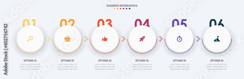 Timeline infographic with infochart. Modern presentation template with 6 spets for business process. Website template on white background for concept modern design. Horizontal layout.