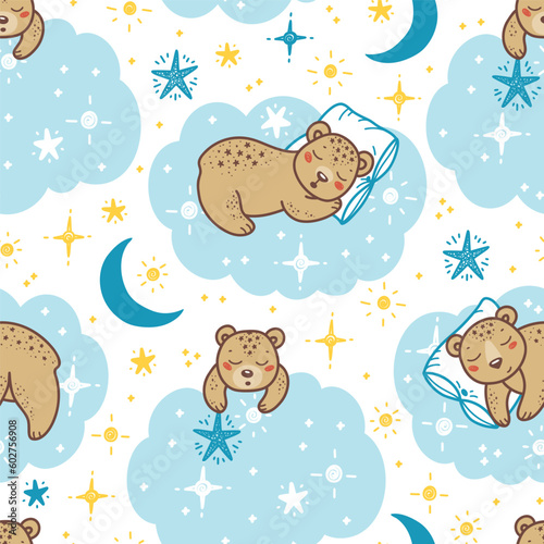 Cute Teddy Bears Seamless Pattern. Childish Background with Sleeping Little Bear Cubs on Clouds with Stars and Moon. Vector Baby Colorful Wallpaper. Great for Baby Pajamas or Bedding.