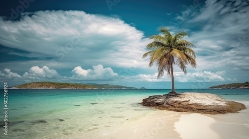 Beautiful natural tropical landscape white sand, a palm tree bowed to the water and green vegetation. Turquoise ocean on background blue sky with clouds on sunny summer day,generative ai. © Nokhoog