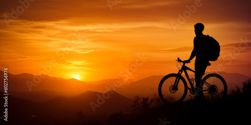 Dark shadow of cyclist traveling. Sunset silhouette bike riding. generative ai.