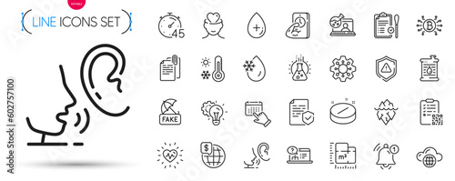 Pack of Online help, Mental health and World money line icons. Include Fitness, Medical tablet, Bitcoin system pictogram icons. Document attachment, Qr code, Floor plan signs. Vector