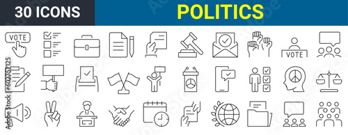 Set of 30 Politics and diplomacy. Voting Related Vector Line Icons. Raising Hands, Electronic voting and more. Editable Stroke