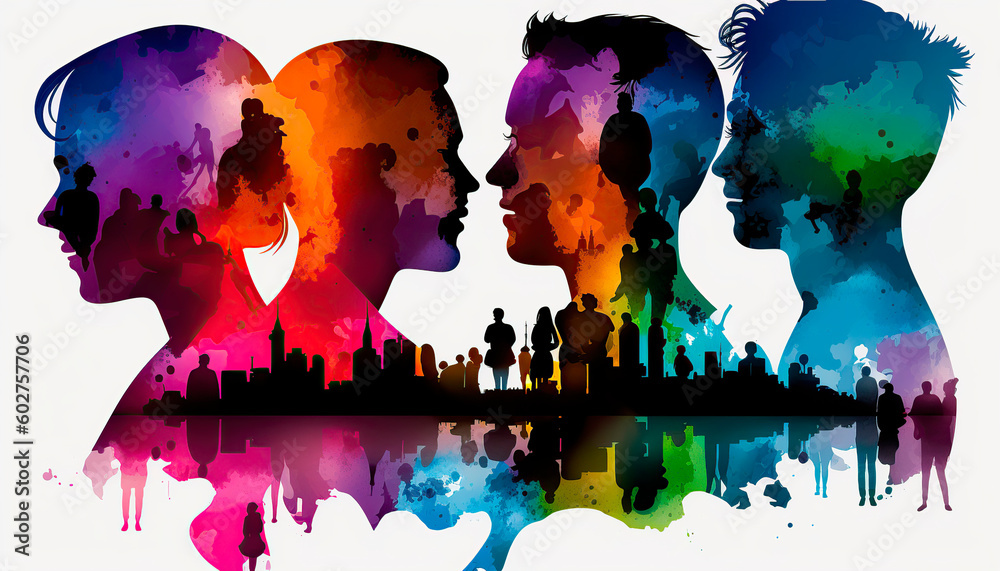 abstract colorful background, Image combining the colors of the lgtb flag and silhouettes of people. Concept lgtb rights. Image created with ai - obrazy, fototapety, plakaty 