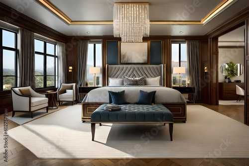 An extravagant master bedroom with a plush four-poster bed  a private sitting area  and a marble fireplace.