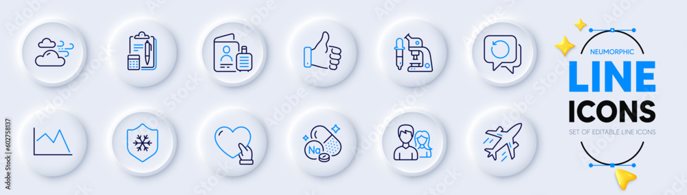 Couple, Sodium mineral and Microscope line icons for web app. Pack of Passport, Volunteer, Like hand pictogram icons. Recovery data, Plane, Accounting signs. Clean skin, Windy weather. Vector Couple, Sodium mineral and Microscope line icons for web app. Pack of Passport, Volunteer, Like hand pictogram icons. Recovery data, Plane, Accounting signs. Clean skin, Windy weather. Vector