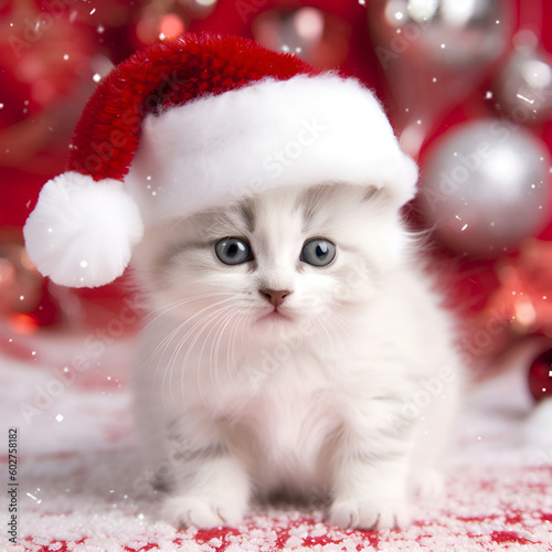 The happy kitten sits in Santa Claus hat, Merry Christmas and Happy New Year, closeup, generative AI.