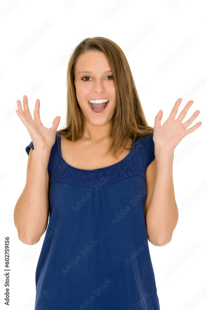 Portrait of a Caucasian woman displaying surprise on a white background Portrait of a Caucasian woman displaying surprise on a white background